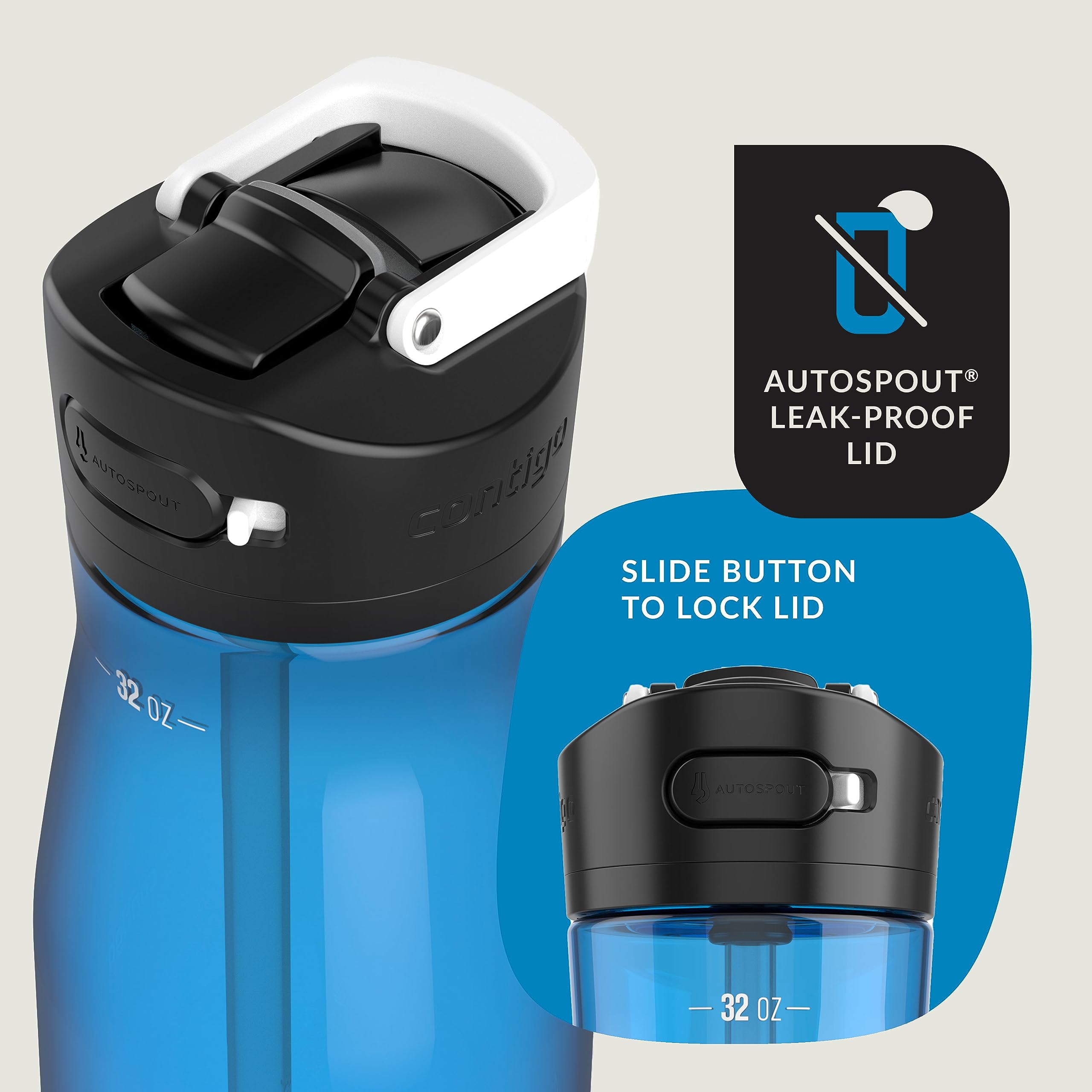 Contigo Ashland 2.0, 32Oz Leak-Proof Water Bottle With Interchangeable Lid, Angled Straw & Lid Lock, Blue Poppy Color, Dishwashe
